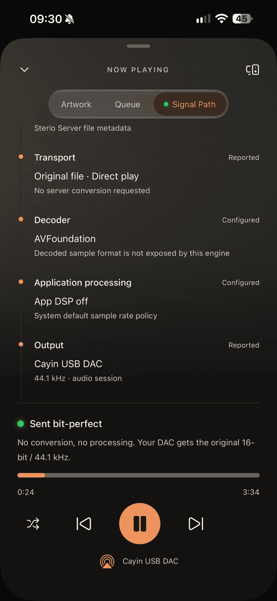 Signal Path for a FLAC 16/44.1 track, green light