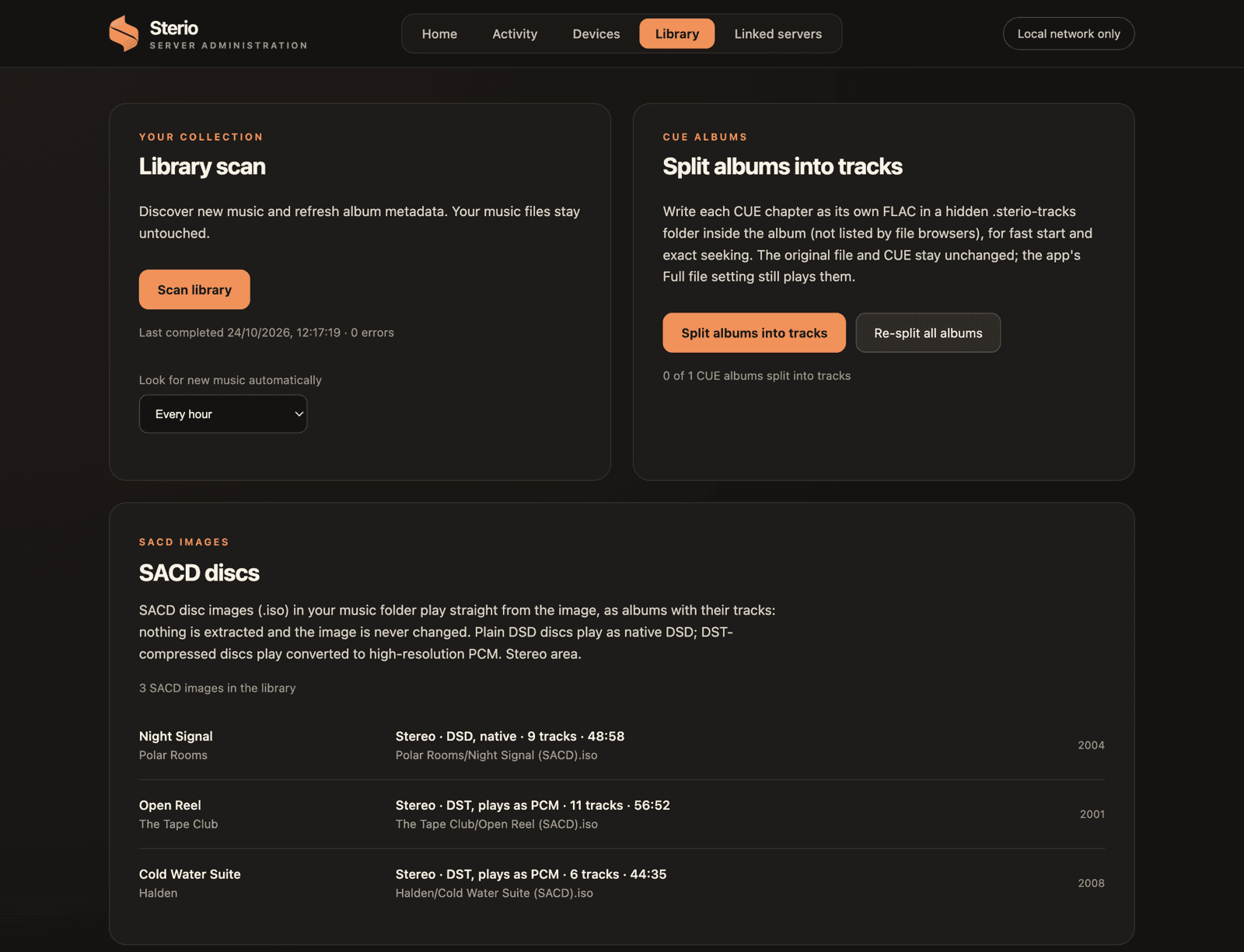 The Library tab of the dashboard: library scan, CUE splitting and three SACD discs, one plain DSD and two DST.