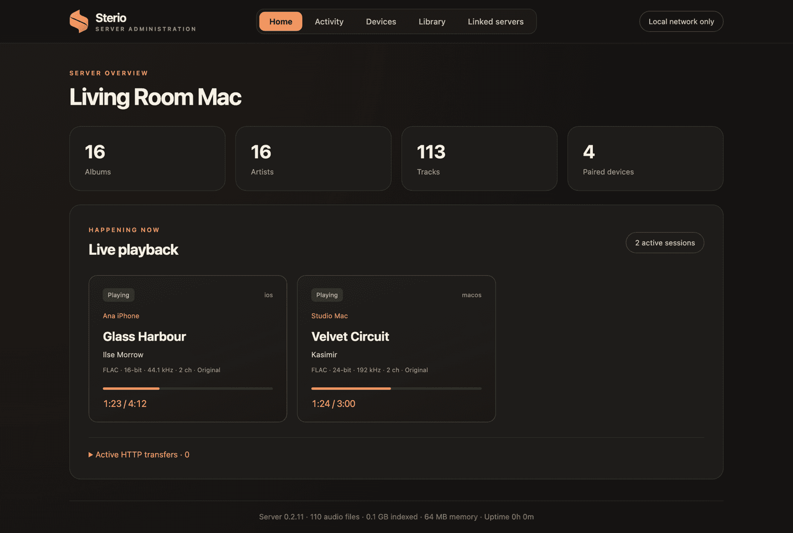The Sterio Server dashboard: album, artist and track counts, and two devices playing music right now.
